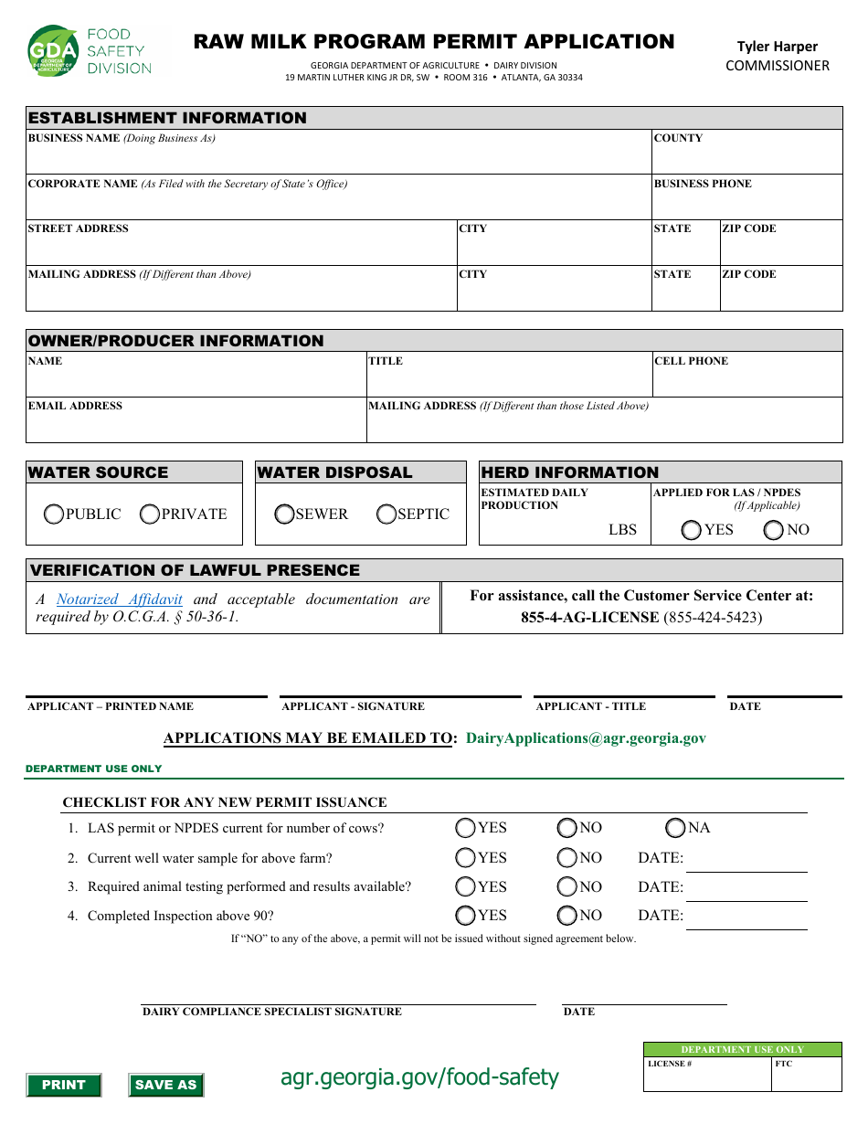 Georgia United States Raw Milk Program Permit Application Fill Out Sign Online And Download 6529