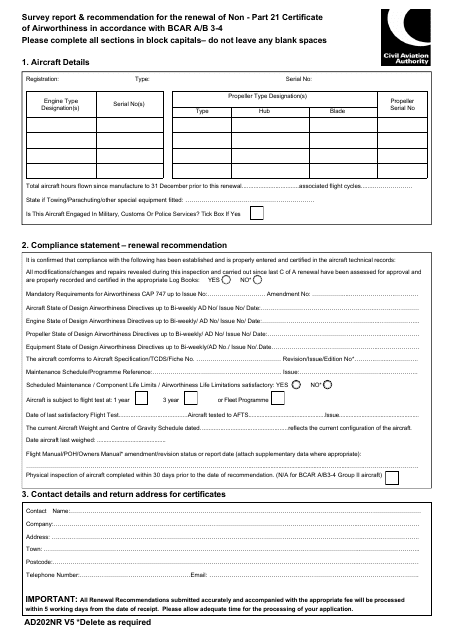 Form AD202NR Survey Report & Recommendation for the Renewal of Non - Part 21 Certificate of Airworthiness in Accordance With Bcar a/B 3-4 - United Kingdom
