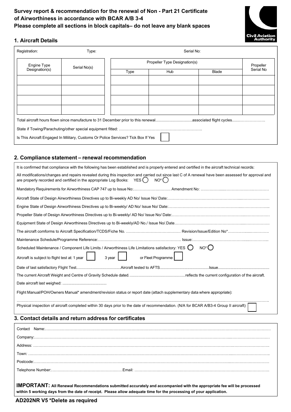 Form AD202NR Survey Report  Recommendation for the Renewal of Non - Part 21 Certificate of Airworthiness in Accordance With Bcar a / B 3-4 - United Kingdom, Page 1