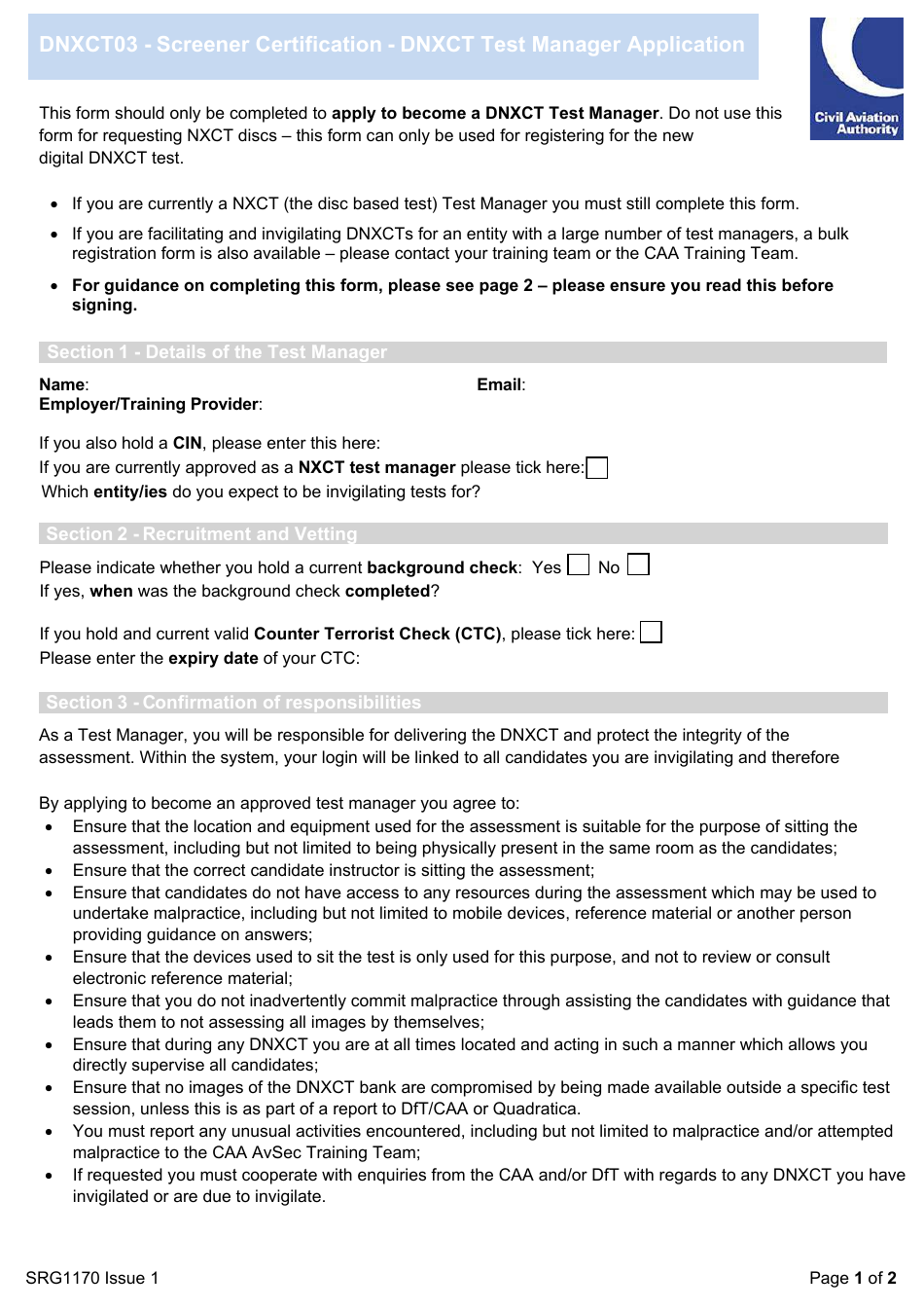 Form SRG1170 Screener Certification - Dnxct Test Manager Application (Individual) - United Kingdom, Page 1