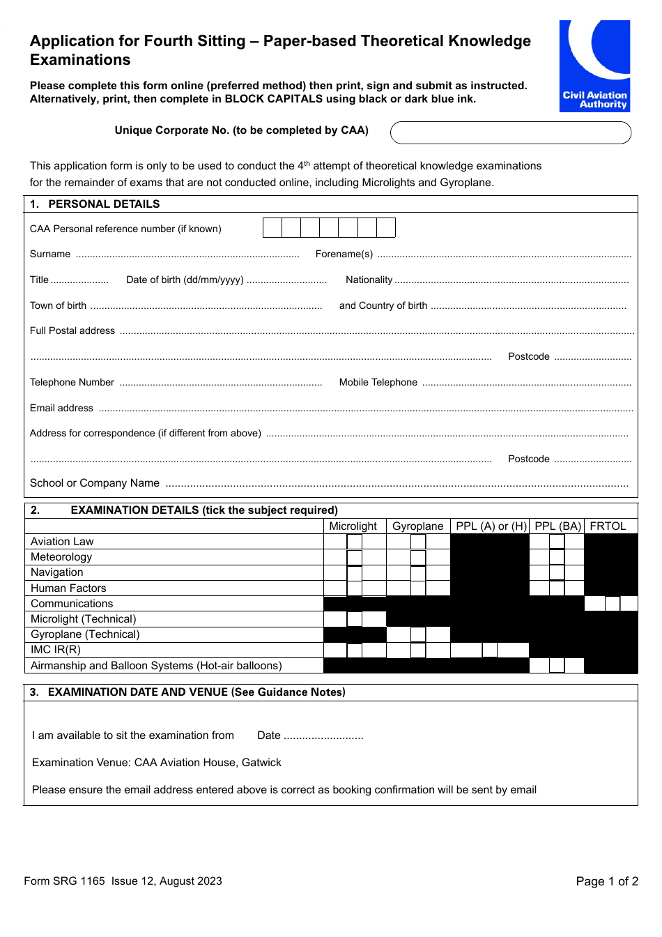 Form SRG1165 Application for Fourth Sitting - Paper-Based Theoretical Knowledge Examinations - United Kingdom, Page 1