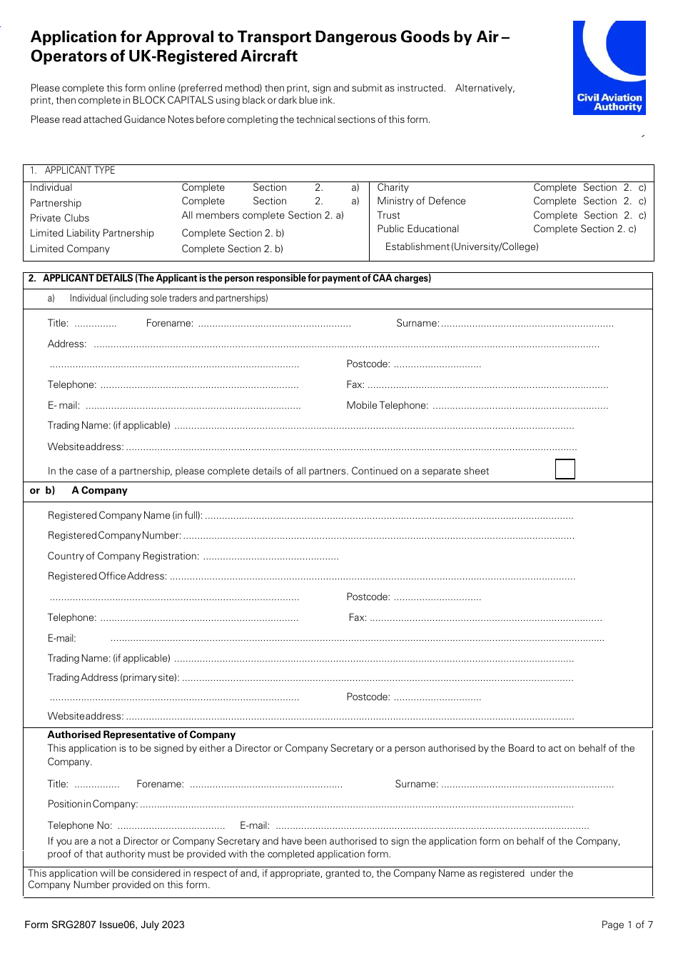 Form SRG2807 Application for Approval to Transport Dangerous Goods by Air - Operators of UK-Registered Aircraft - United Kingdom, Page 1