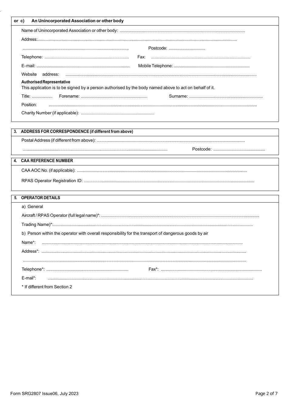 Form SRG2807 Application for Approval to Transport Dangerous Goods by Air - Operators of UK-Registered Aircraft - United Kingdom, Page 2