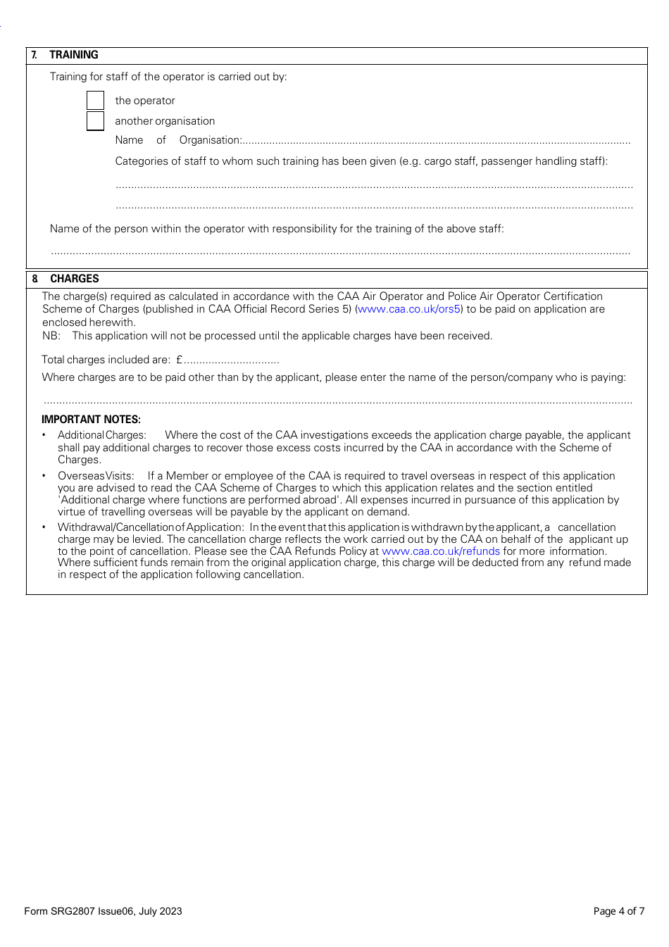 Form SRG2807 Application for Approval to Transport Dangerous Goods by Air - Operators of UK-Registered Aircraft - United Kingdom, Page 4