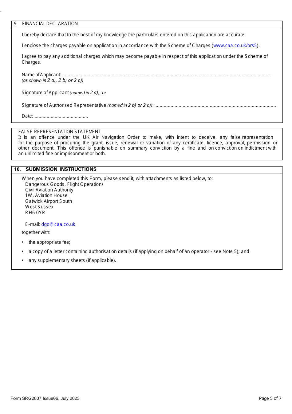 Form SRG2807 Application for Approval to Transport Dangerous Goods by Air - Operators of UK-Registered Aircraft - United Kingdom, Page 5