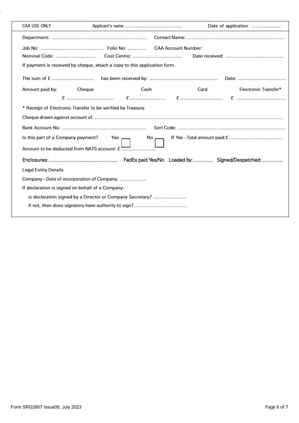 Form SRG2807 Application for Approval to Transport Dangerous Goods by Air - Operators of UK-Registered Aircraft - United Kingdom, Page 6