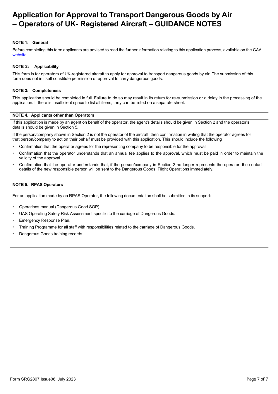 Form SRG2807 Application for Approval to Transport Dangerous Goods by Air - Operators of UK-Registered Aircraft - United Kingdom, Page 8