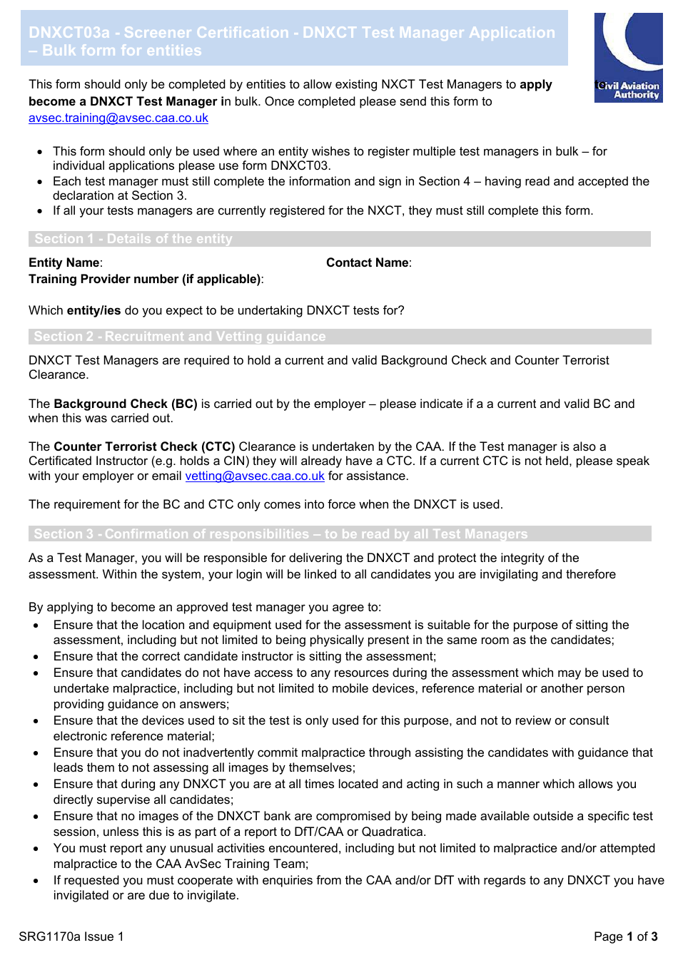 Form SRG1170A Screener Certification - Dnxct Test Manager Application - Bulk Form for Entities - United Kingdom, Page 1