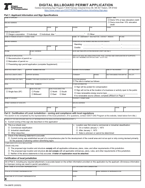 Form 734-2667E Digital Billboard Permit Application - Oregon