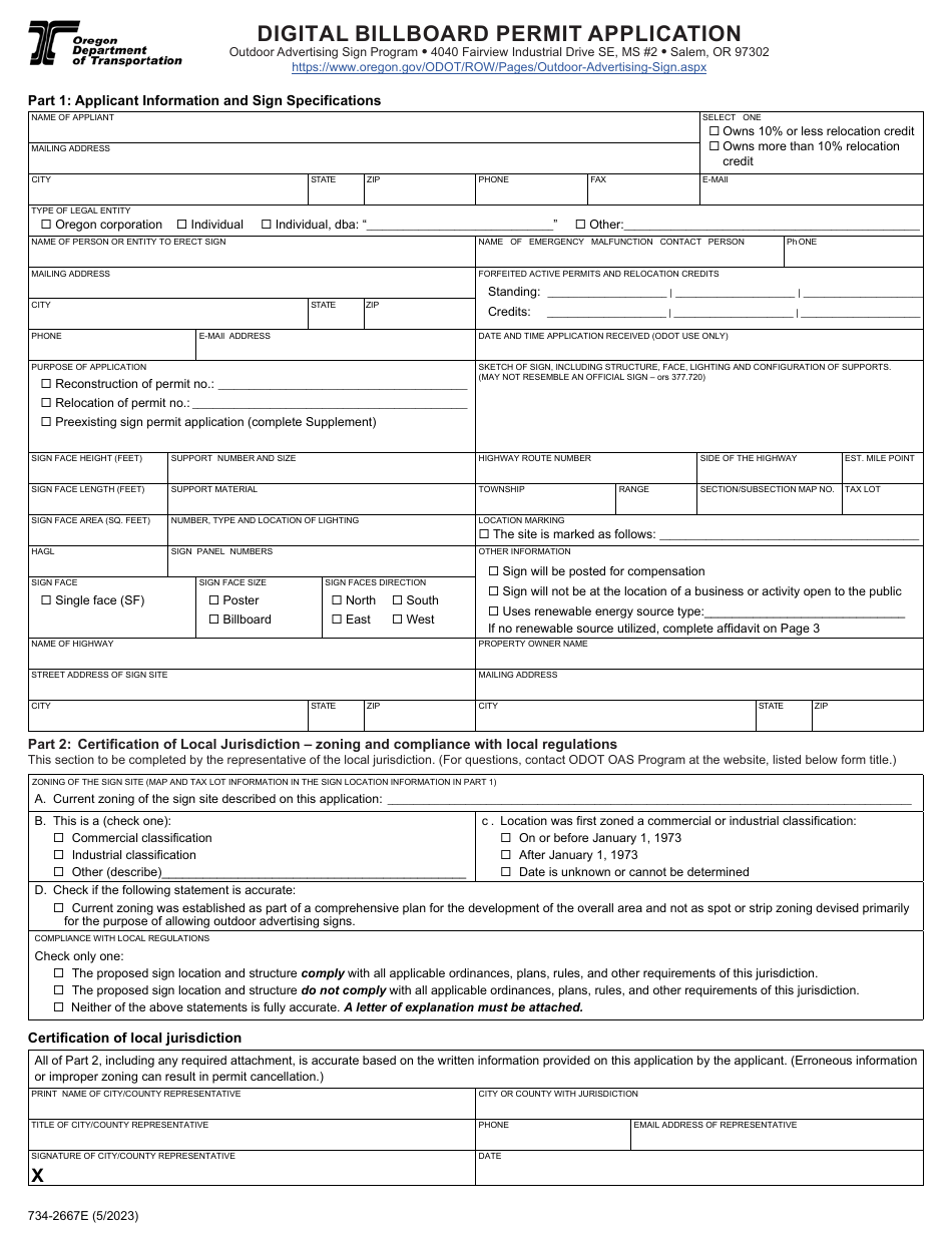 Form 734-2667E Digital Billboard Permit Application - Oregon, Page 1