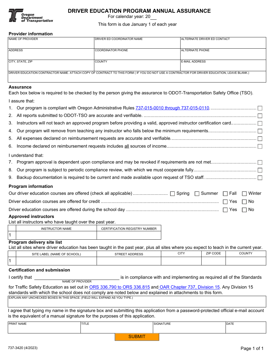 Form 737-3420 Driver Education Program Annual Assurance - Oregon, Page 1