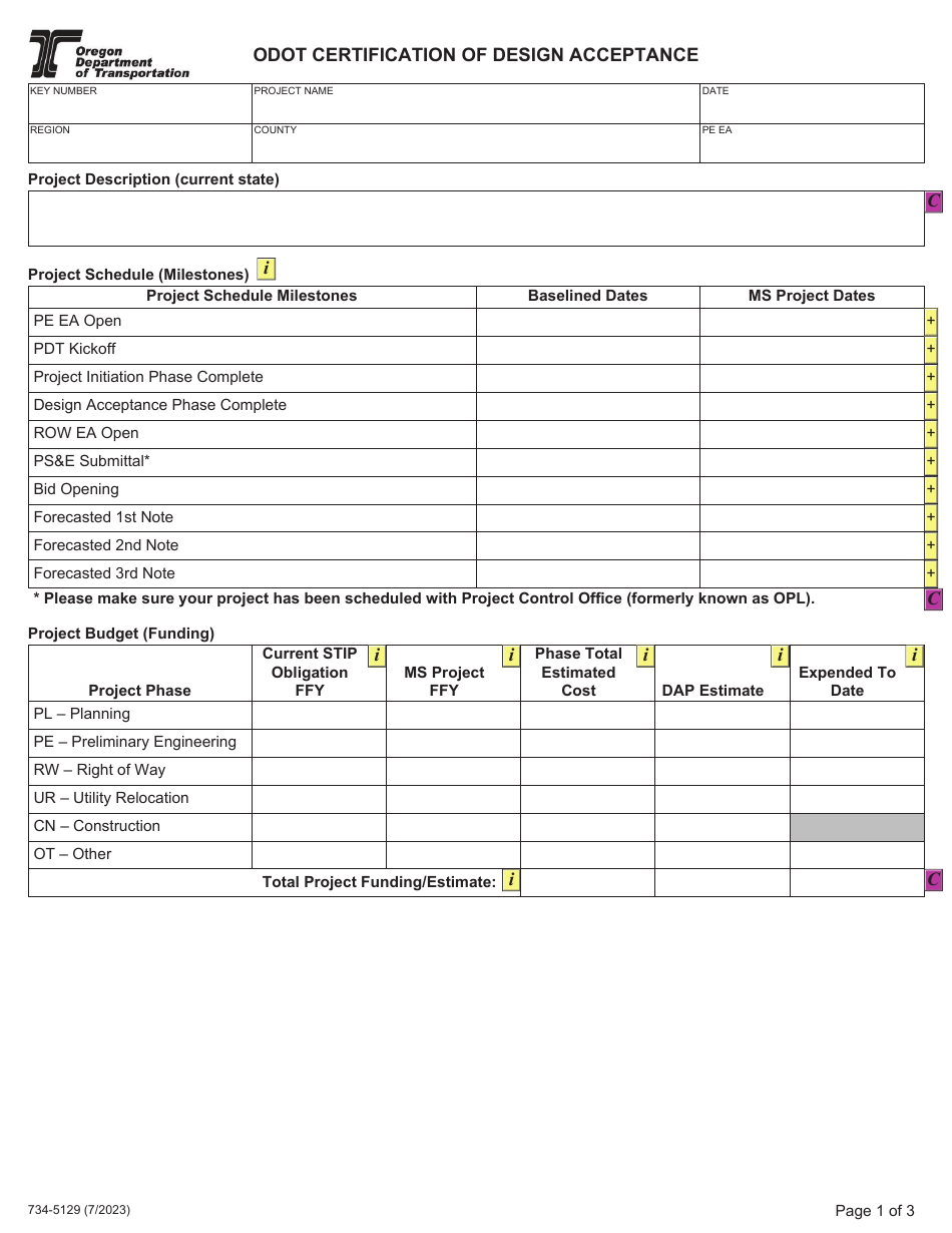 Form 734-5129 Odot Certification of Design Acceptance - Oregon, Page 1