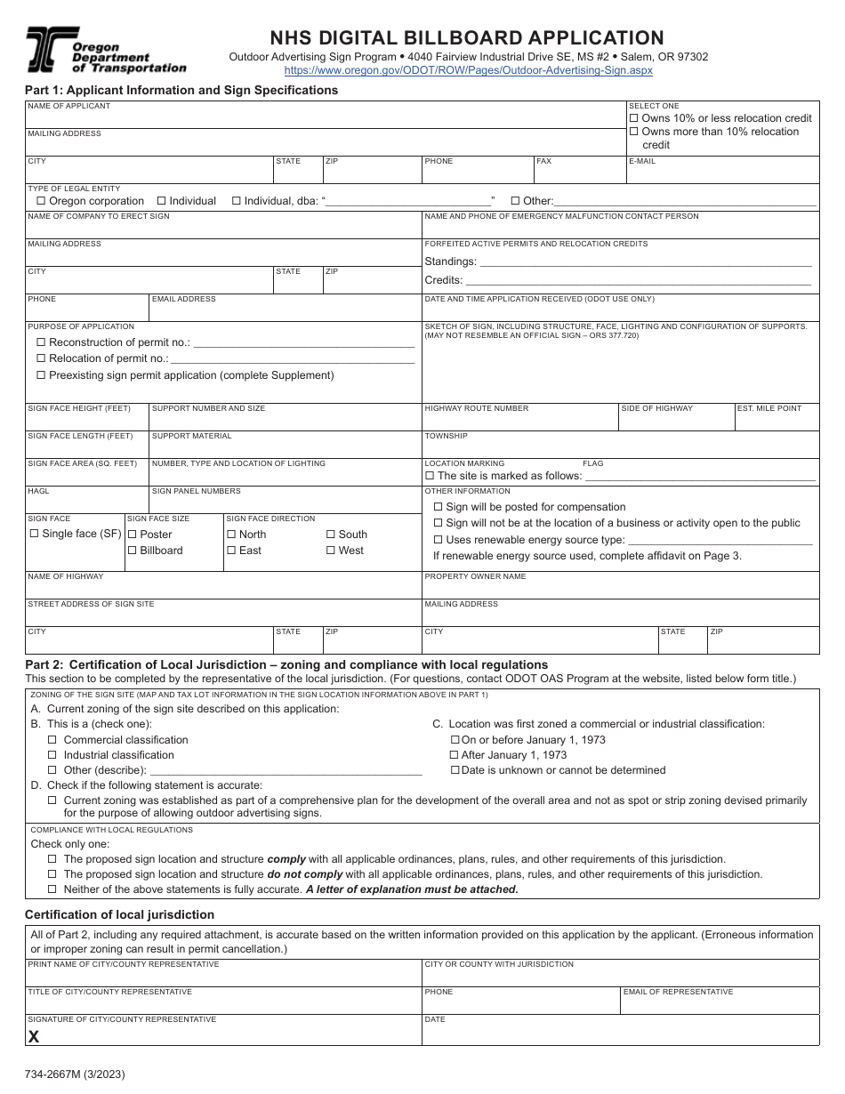 Form 734-2667M Nhs Digital Billboard Application - Oregon, Page 1