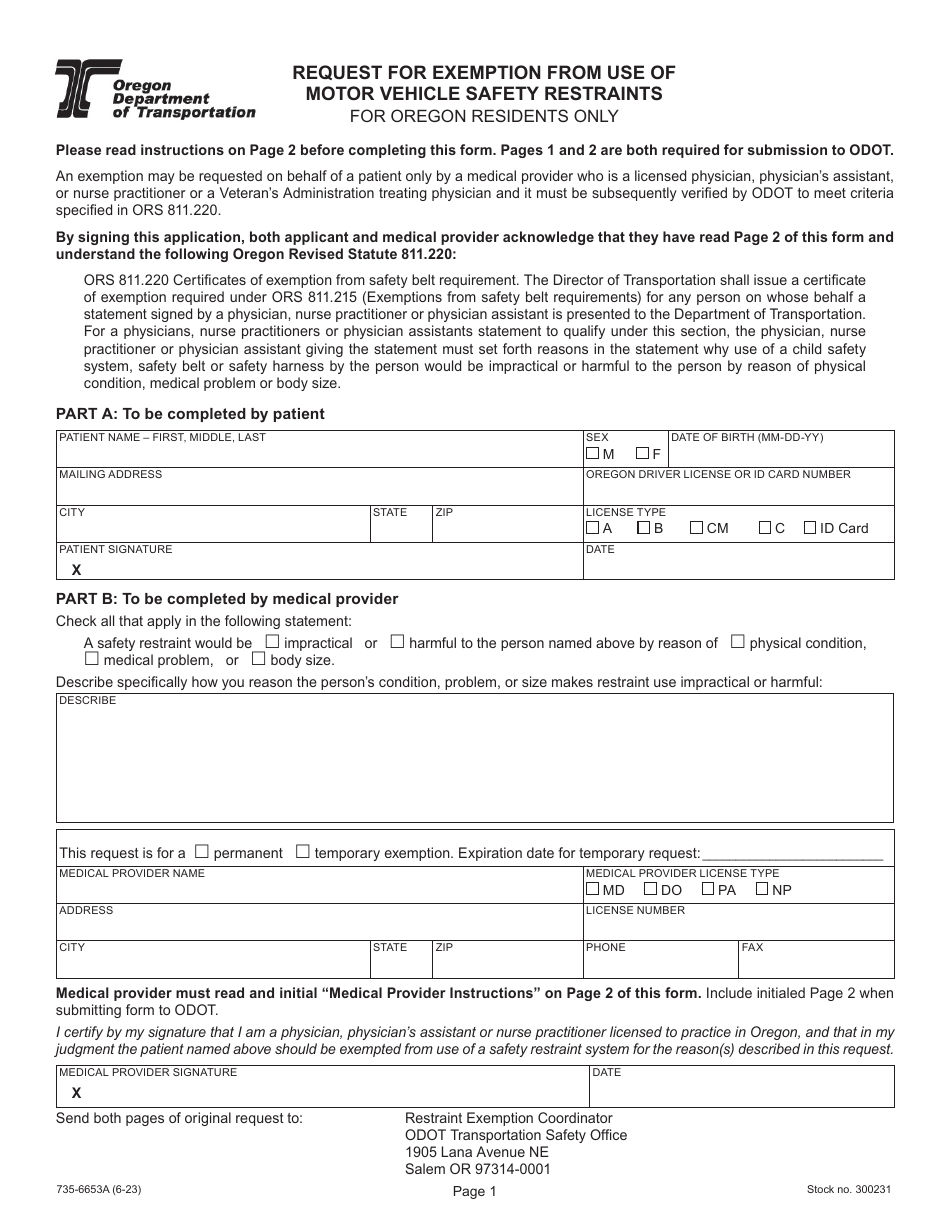 Form 735-6653A Request for Exemption From Use of Motor Vehicle Safety Restraints for Oregon Residents Only - Oregon, Page 1