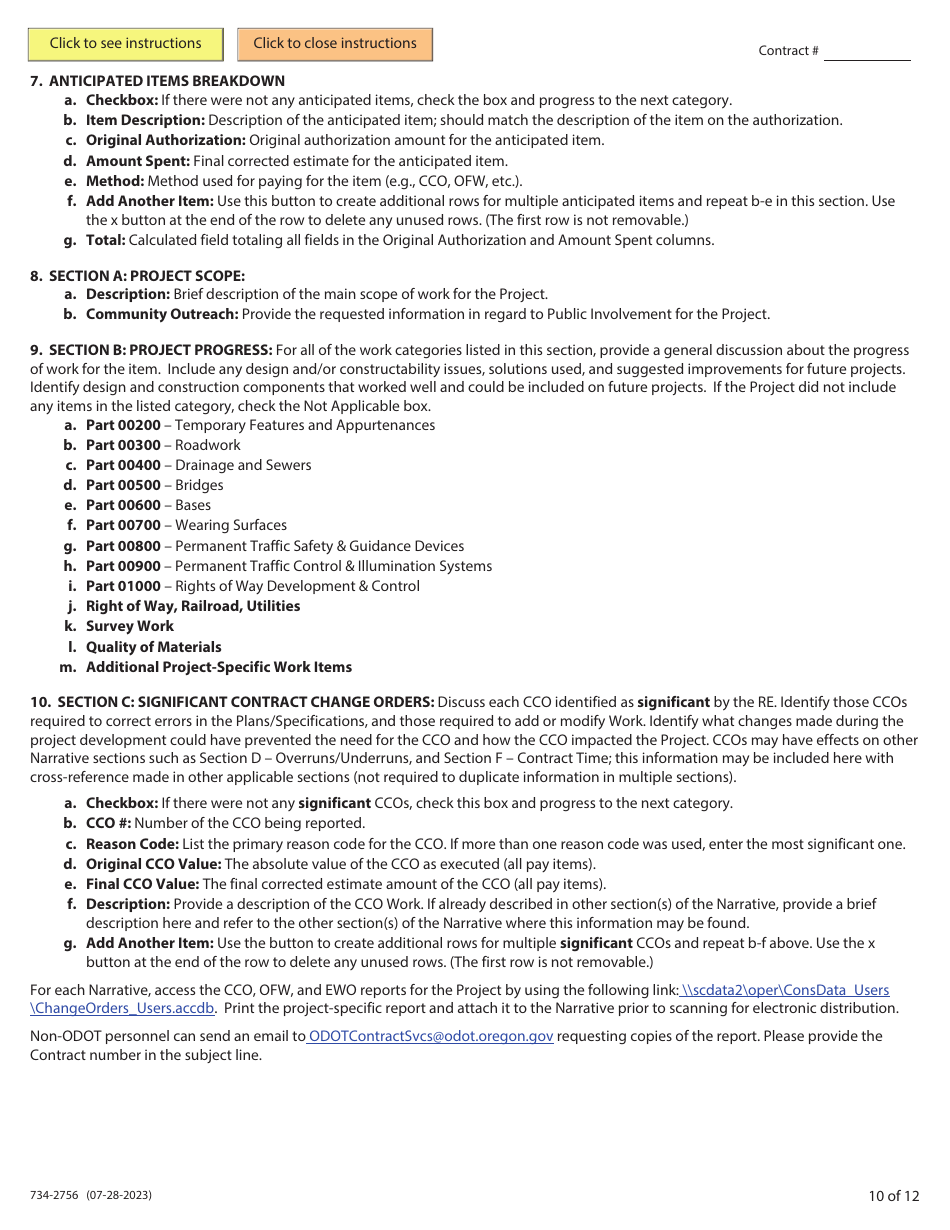Form 734-2756 Resident Engineers Narrative Form - Oregon, Page 10