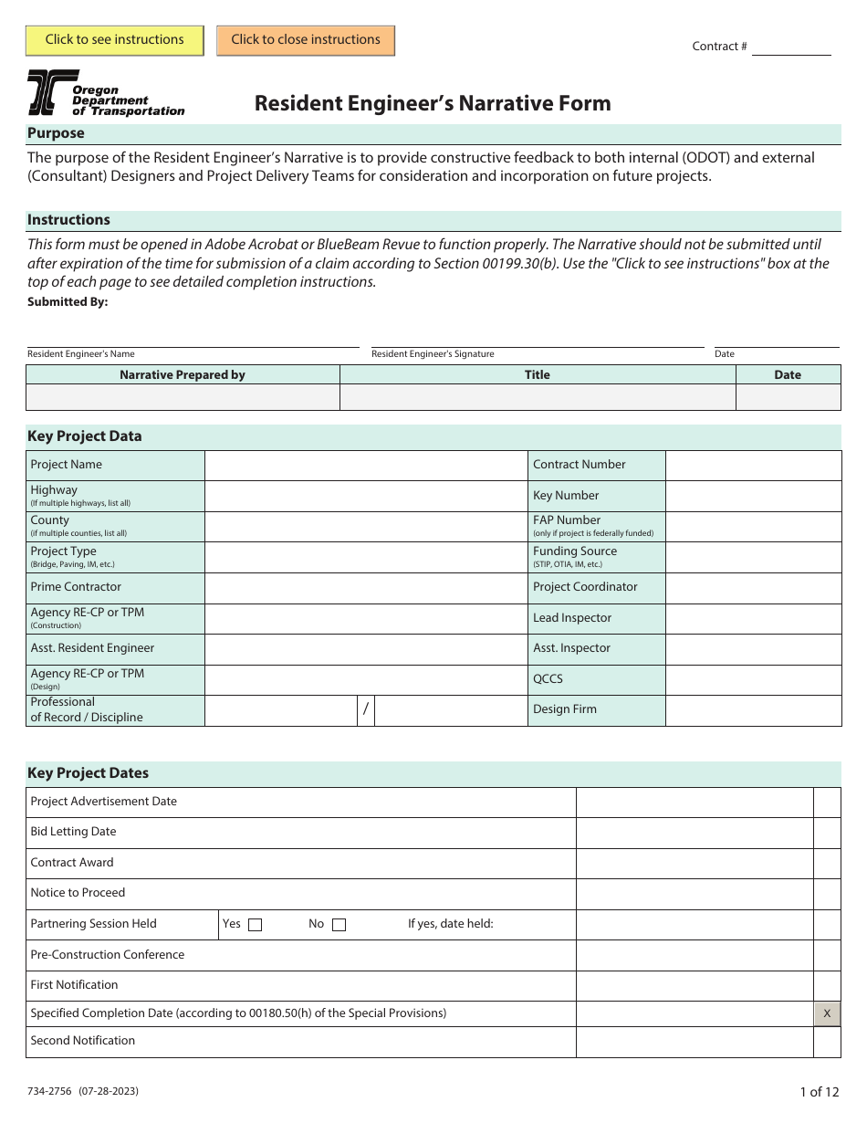 Form 734-2756 Resident Engineers Narrative Form - Oregon, Page 1