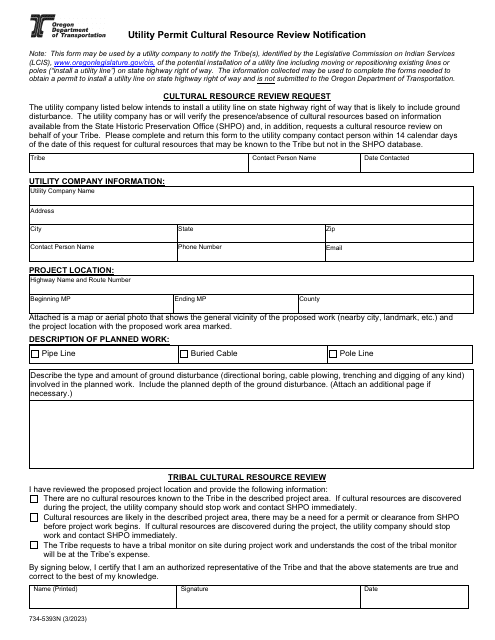 Form 734-5393N Utility Permit Cultural Resource Review Notification - Oregon