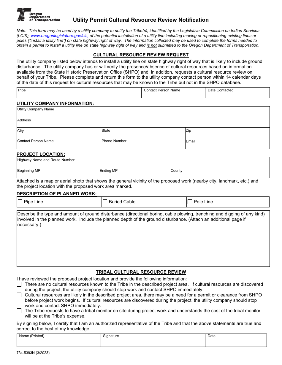 Form 734-5393N Utility Permit Cultural Resource Review Notification - Oregon, Page 1