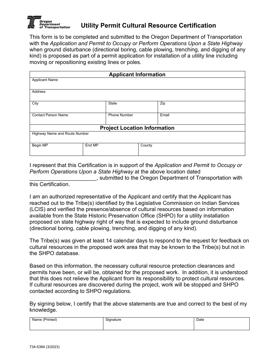Form 734-5394 Utility Permit Cultural Resource Certification - Oregon, Page 1