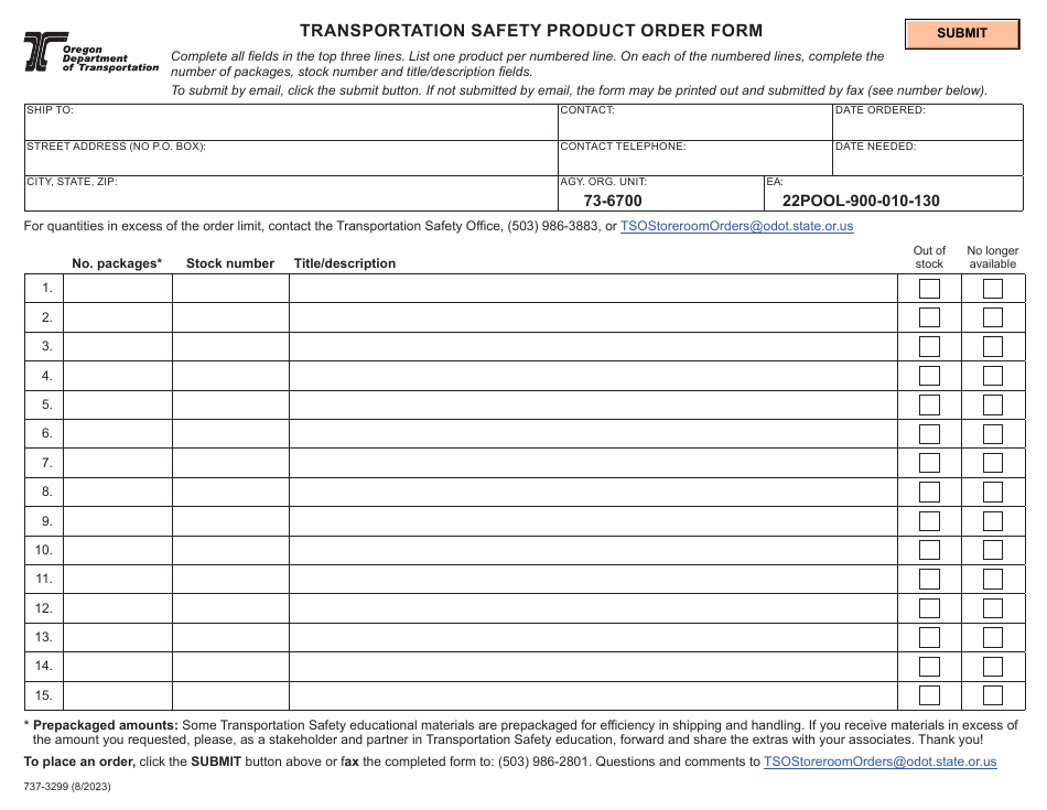 Form 737-3299 Transportation Safety Product Order Form - Oregon, Page 1