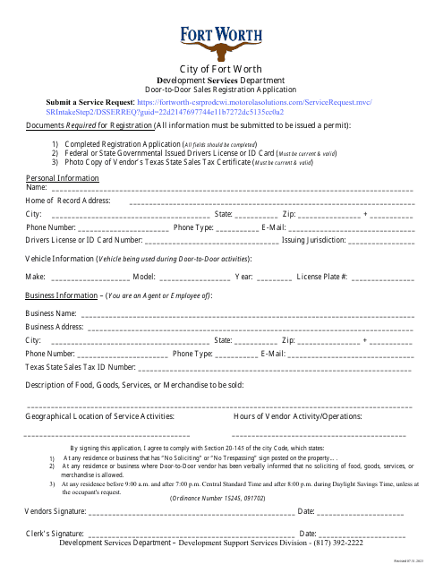 Door-To-Door Sales Registration Application - City of Fort Worth, Texas