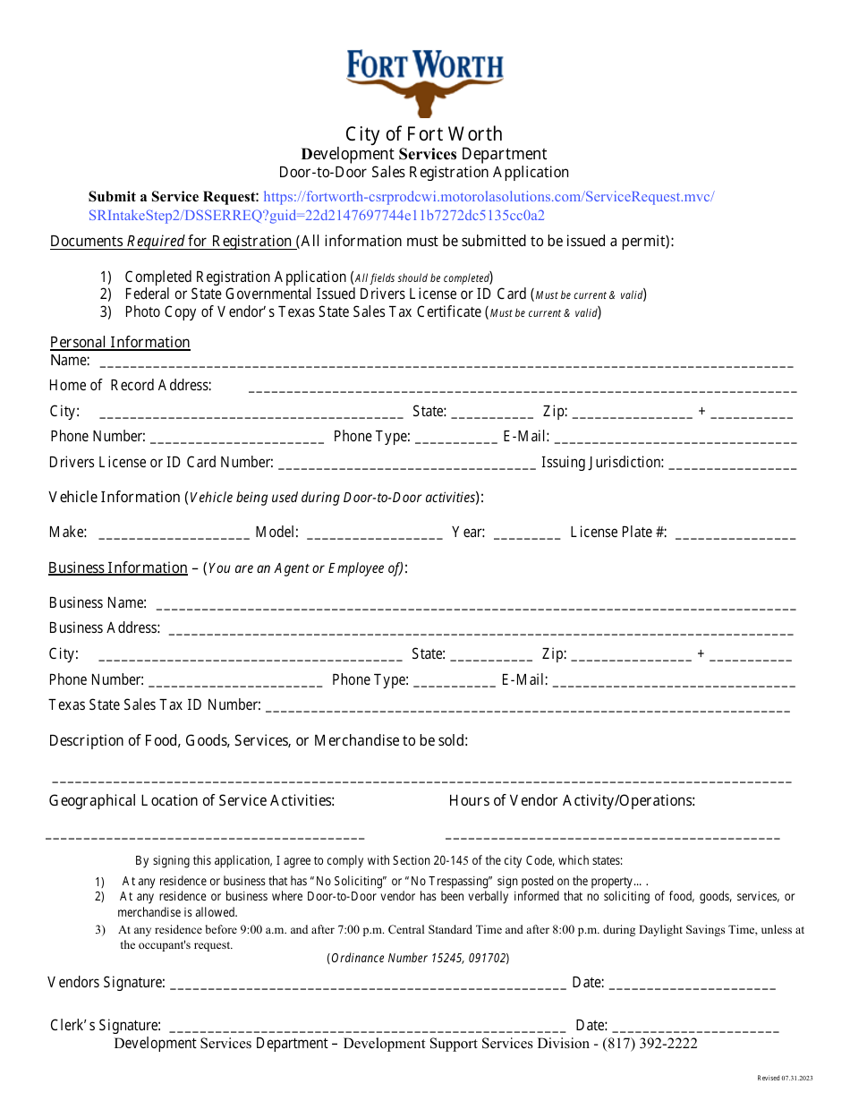 Door-To-Door Sales Registration Application - City of Fort Worth, Texas, Page 1
