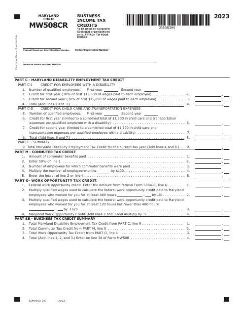Maryland Form MW508CR (COM/RAD-049) 2023 Printable Pdf