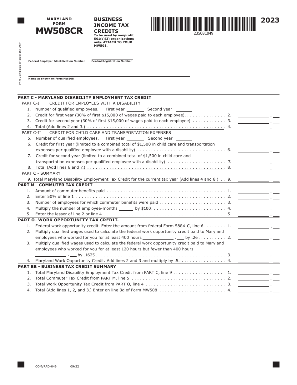 Maryland Form MW508CR (COM / RAD-049) Business Income Tax Credits - Maryland, Page 1