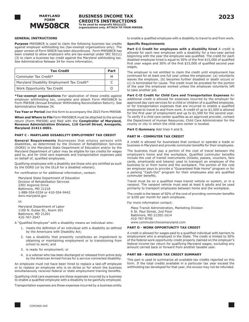 Maryland Form MW508CR (COM / RAD-049) Business Income Tax Credits - Maryland, Page 2
