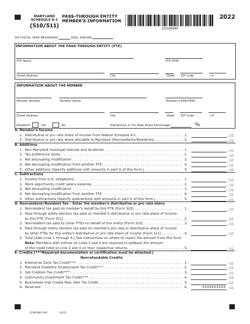Form COM/RAD-045 Schedule K-1 2022 Printable Pdf