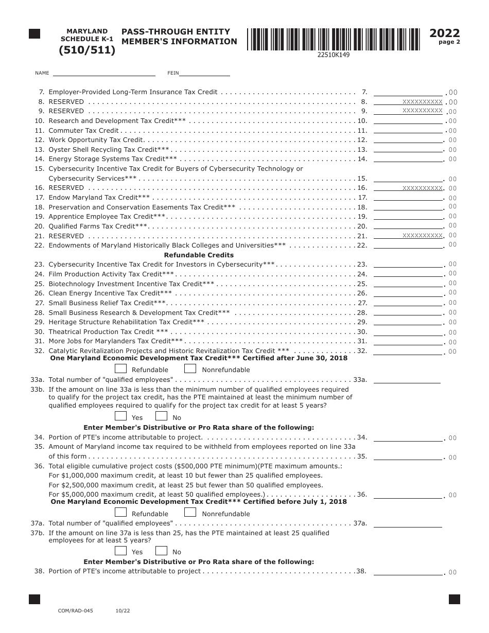 Form COM / RAD-045 Schedule K-1 Pass-Through Entity Members Information - Maryland, Page 2