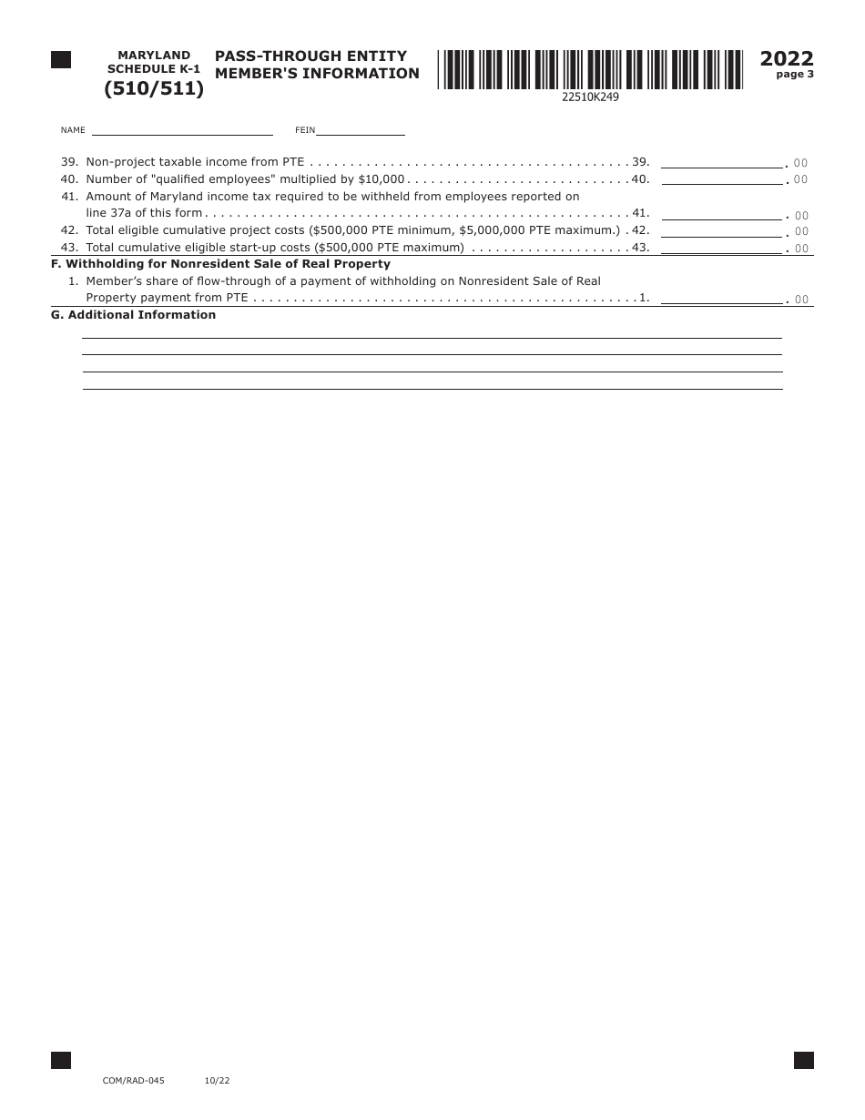 Form COM / RAD-045 Schedule K-1 Pass-Through Entity Members Information - Maryland, Page 3