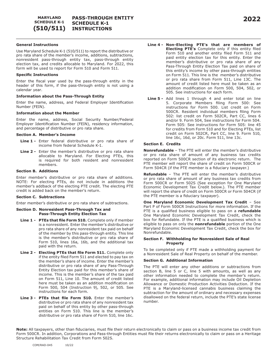 Form COM / RAD-045 Schedule K-1 Pass-Through Entity Members Information - Maryland, Page 4