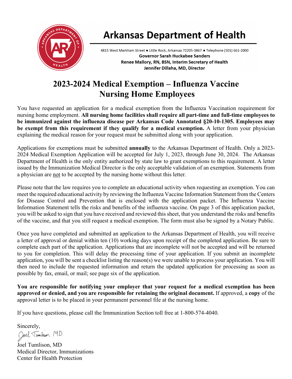 2024 Arkansas Nursing Home Employees Influenza Vaccine Exemption