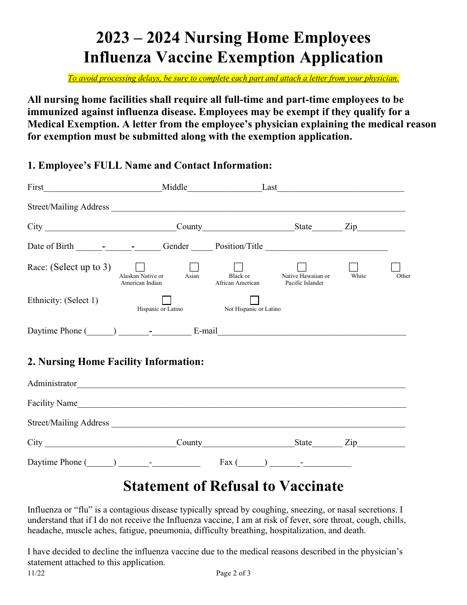 Nursing Home Employees Influenza Vaccine Exemption Application - Arkansas, Page 2