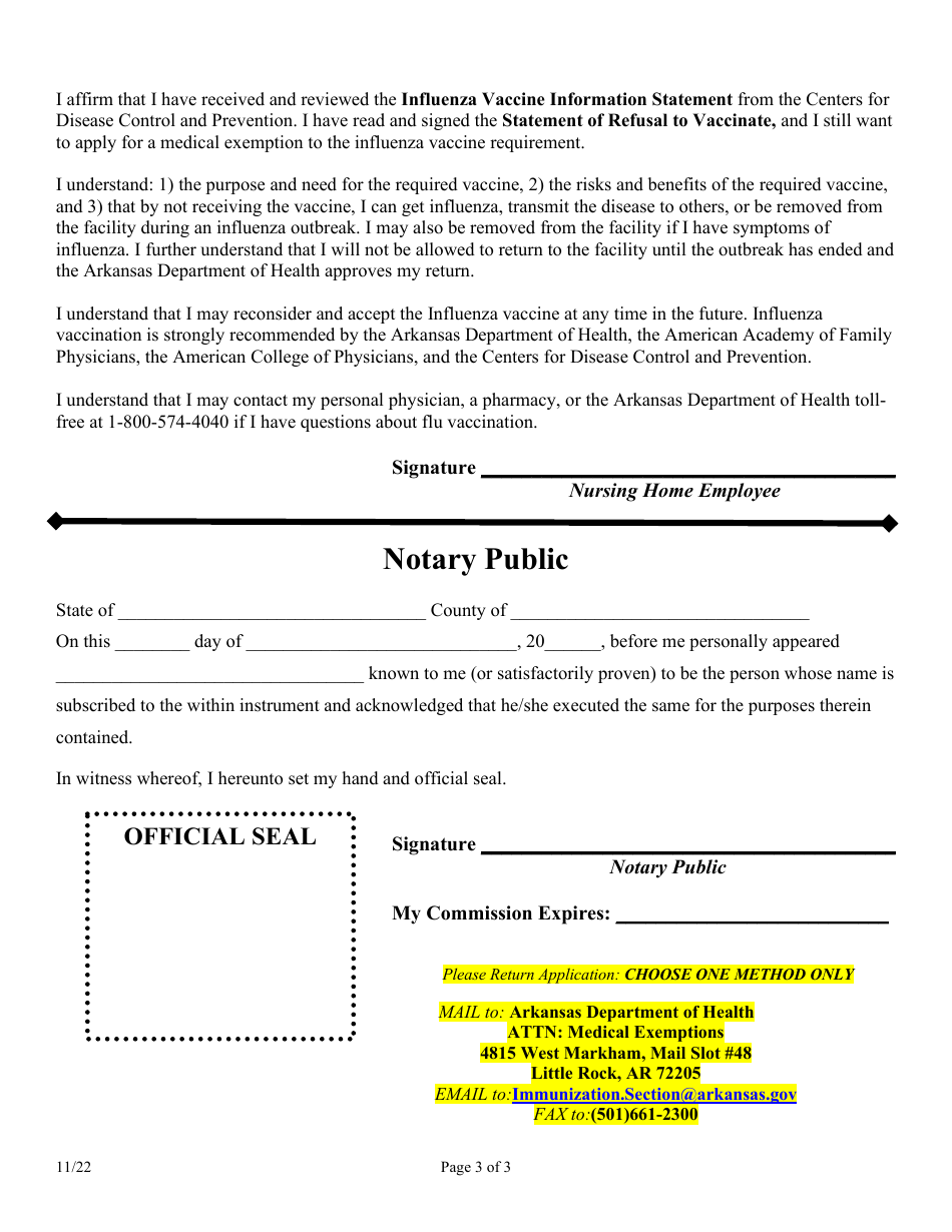 2024 Arkansas Nursing Home Employees Influenza Vaccine Exemption