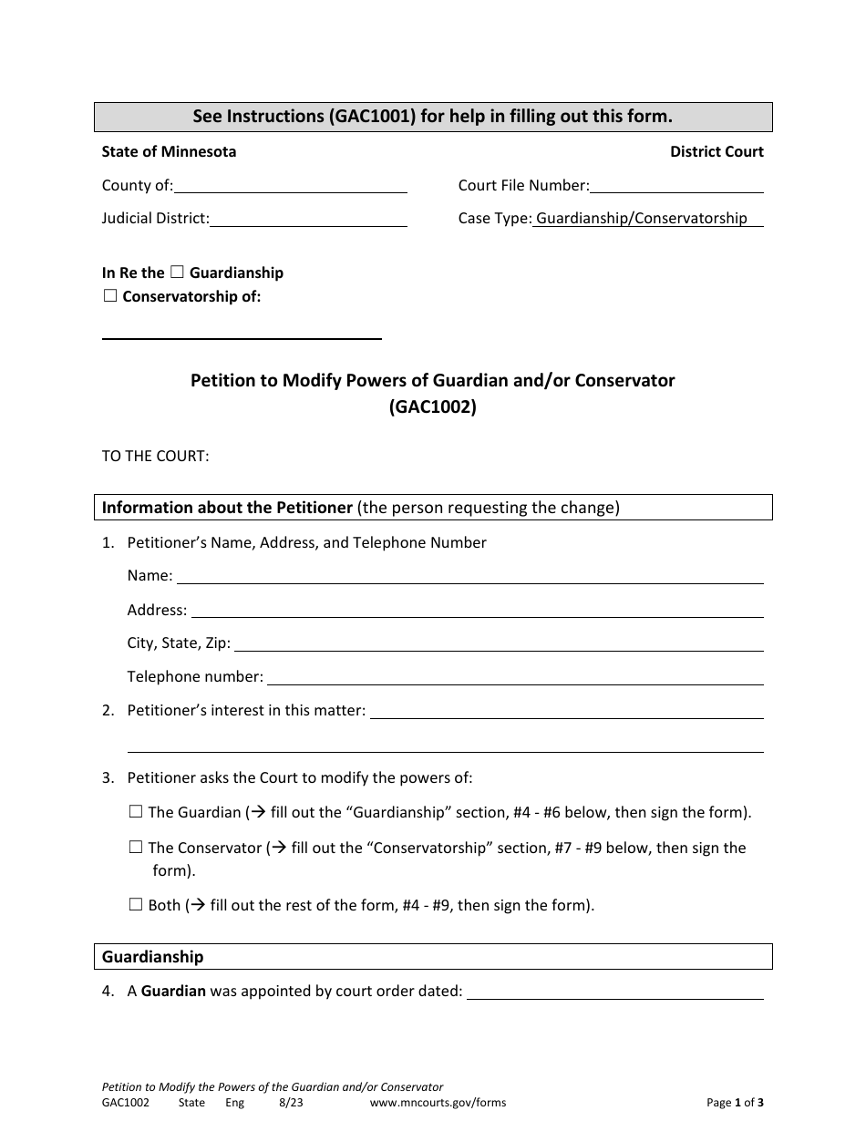 Form GAC1002 Petition to Modify Powers of Guardian and / or Conservator - Minnesota, Page 1