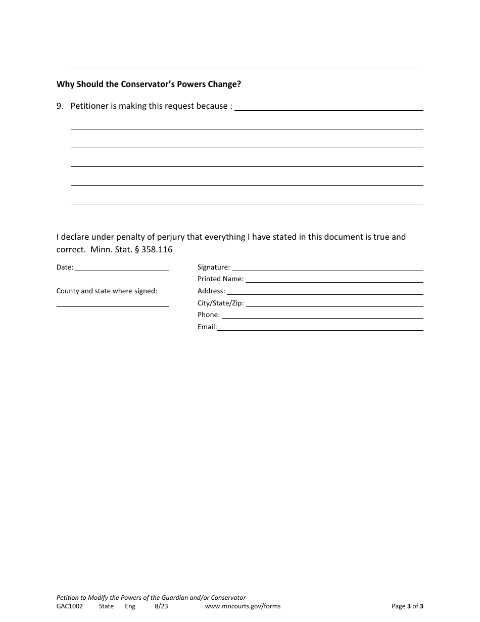 Form GAC1002 Petition to Modify Powers of Guardian and / or Conservator - Minnesota, Page 3