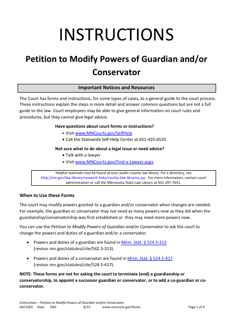 Form GAC1001 Instructions - Petition to Modify Powers of Guardian and/or Conservator - Minnesota