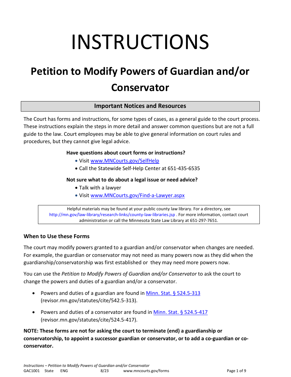 Form GAC1001 Instructions - Petition to Modify Powers of Guardian and / or Conservator - Minnesota, Page 1