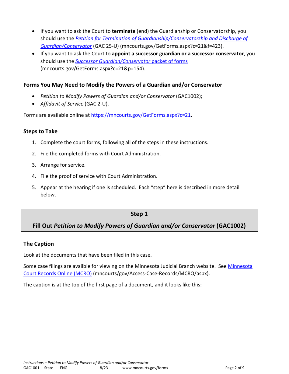 Form GAC1001 Instructions - Petition to Modify Powers of Guardian and / or Conservator - Minnesota, Page 2