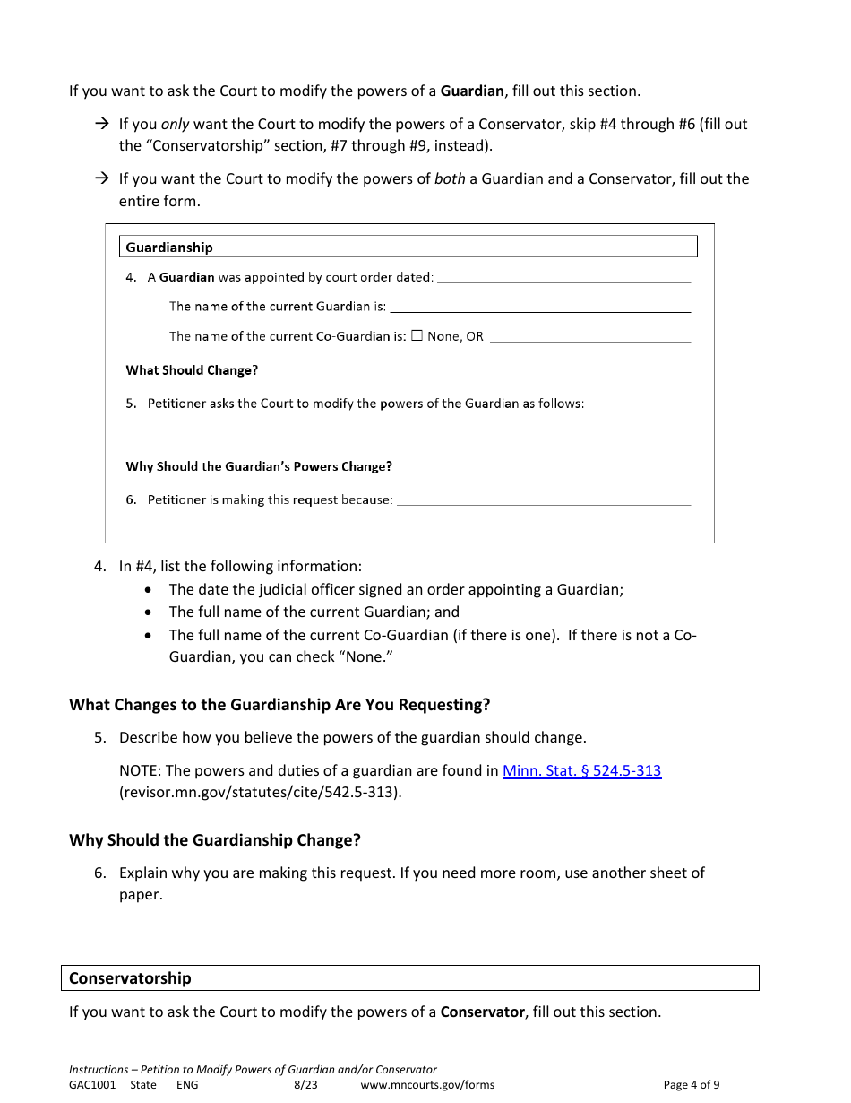 Form GAC1001 Instructions - Petition to Modify Powers of Guardian and / or Conservator - Minnesota, Page 4