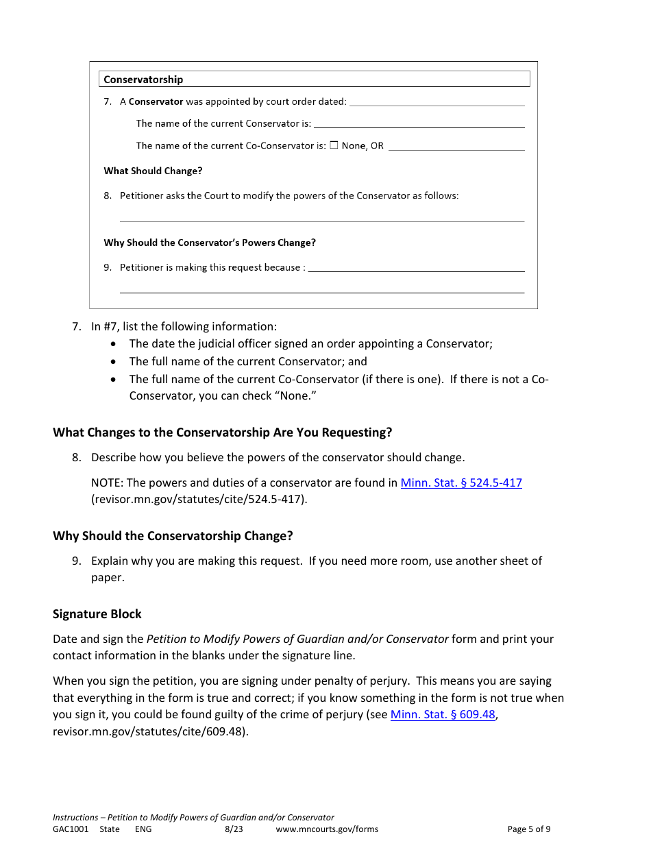 Form GAC1001 Instructions - Petition to Modify Powers of Guardian and / or Conservator - Minnesota, Page 5