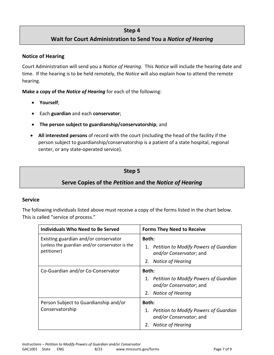 Form GAC1001 Instructions - Petition to Modify Powers of Guardian and / or Conservator - Minnesota, Page 7