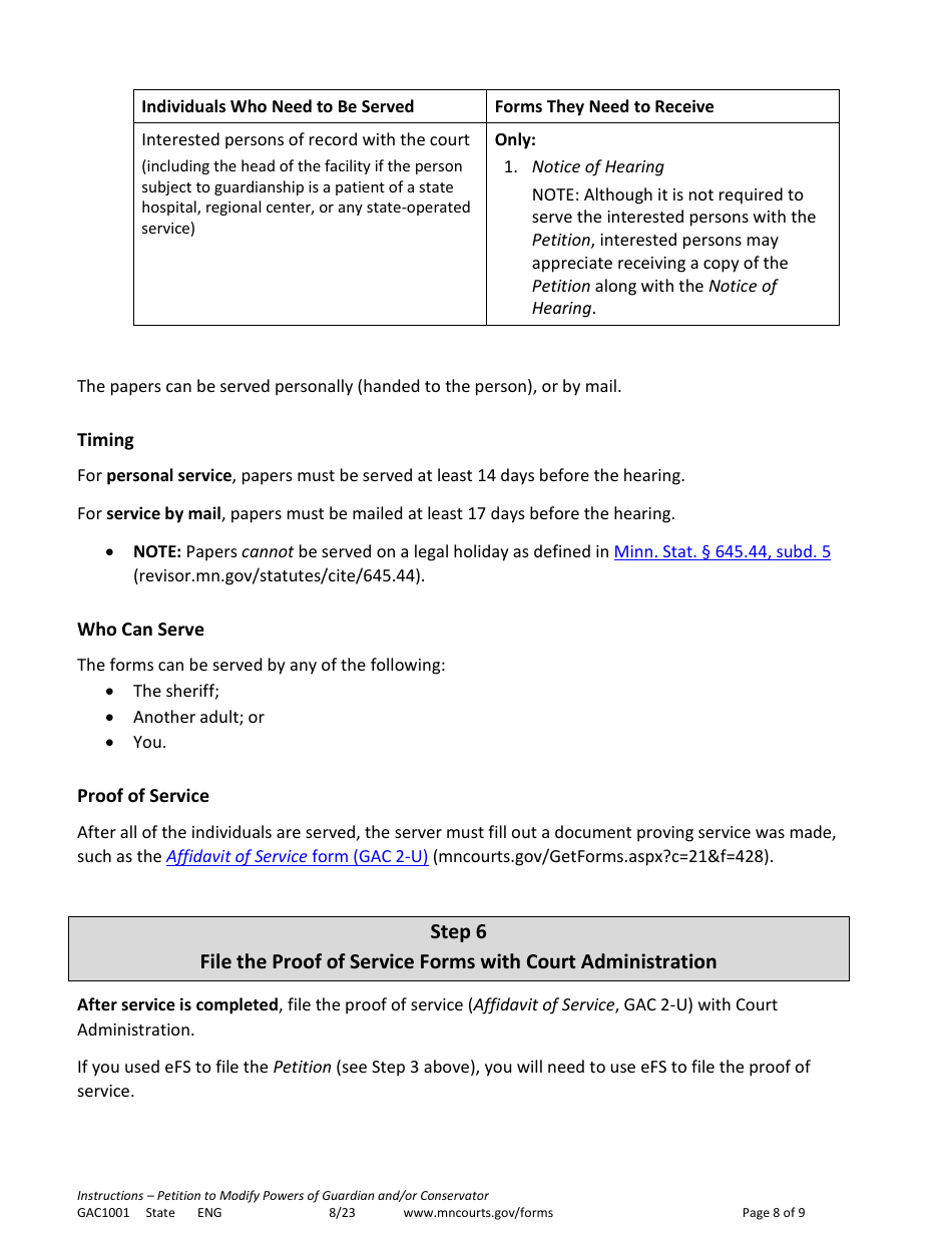 Form GAC1001 Instructions - Petition to Modify Powers of Guardian and / or Conservator - Minnesota, Page 8