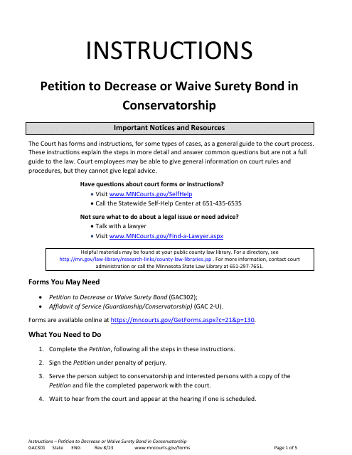 Instructions for Form GAC301 Petition to Decrease or Waive Surety Bond in Conservatorship - Minnesota