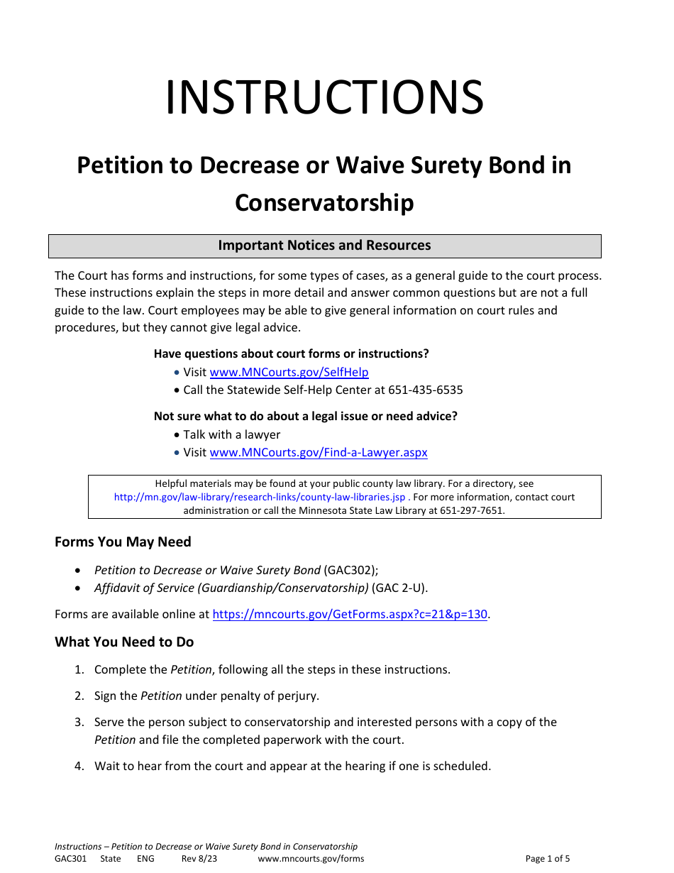 Instructions for Form GAC301 Petition to Decrease or Waive Surety Bond in Conservatorship - Minnesota, Page 1