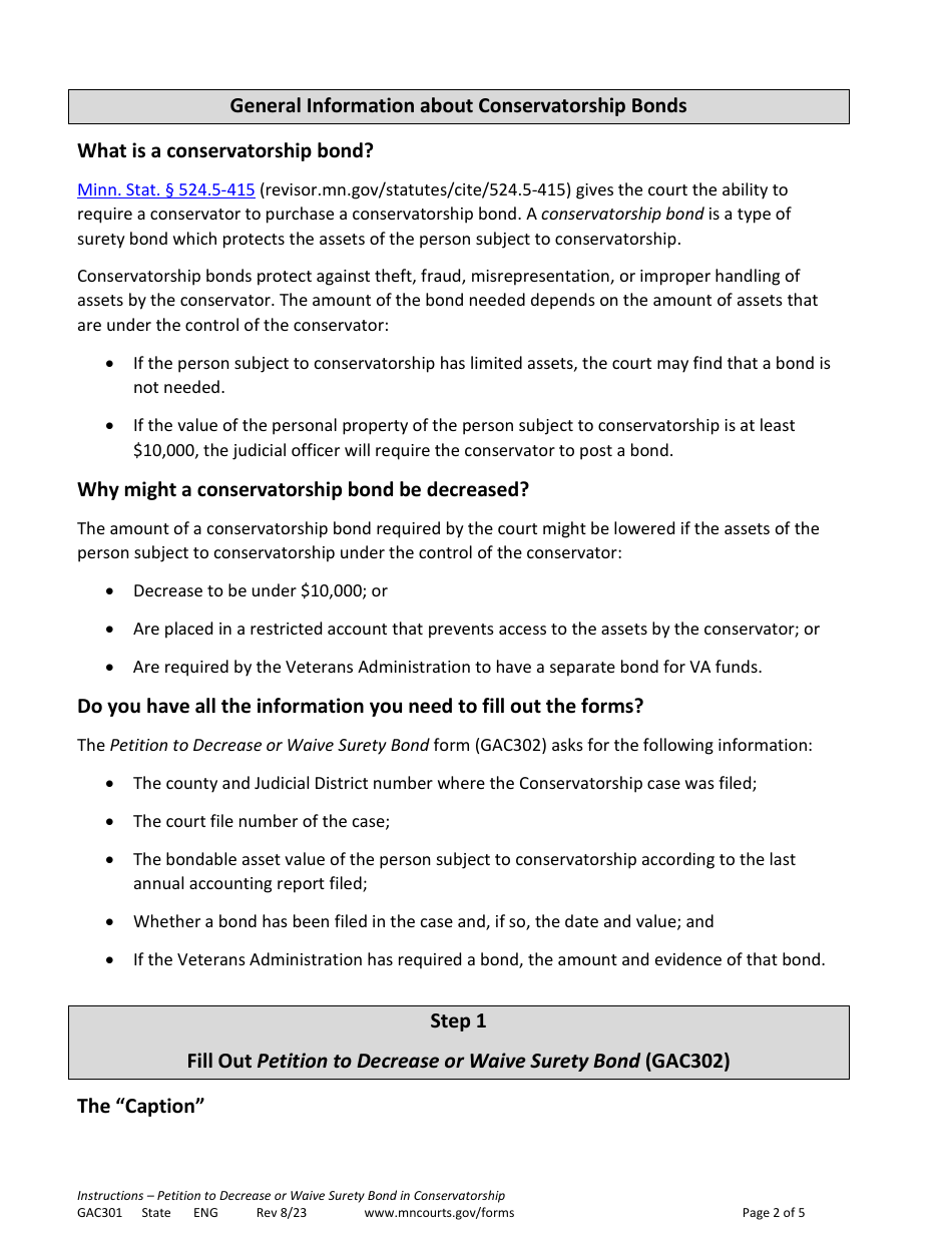 Instructions for Form GAC301 Petition to Decrease or Waive Surety Bond in Conservatorship - Minnesota, Page 2