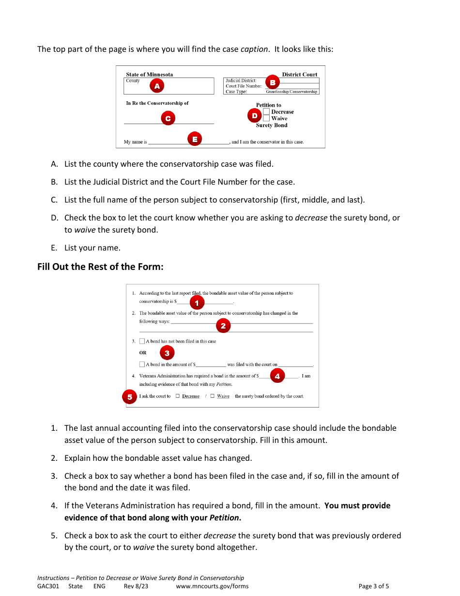 Instructions for Form GAC301 Petition to Decrease or Waive Surety Bond in Conservatorship - Minnesota, Page 3