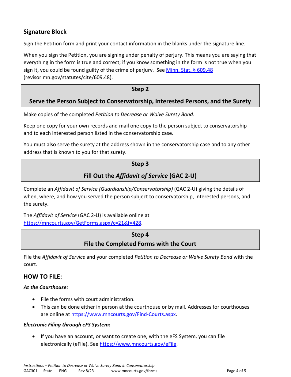 Instructions for Form GAC301 Petition to Decrease or Waive Surety Bond in Conservatorship - Minnesota, Page 4